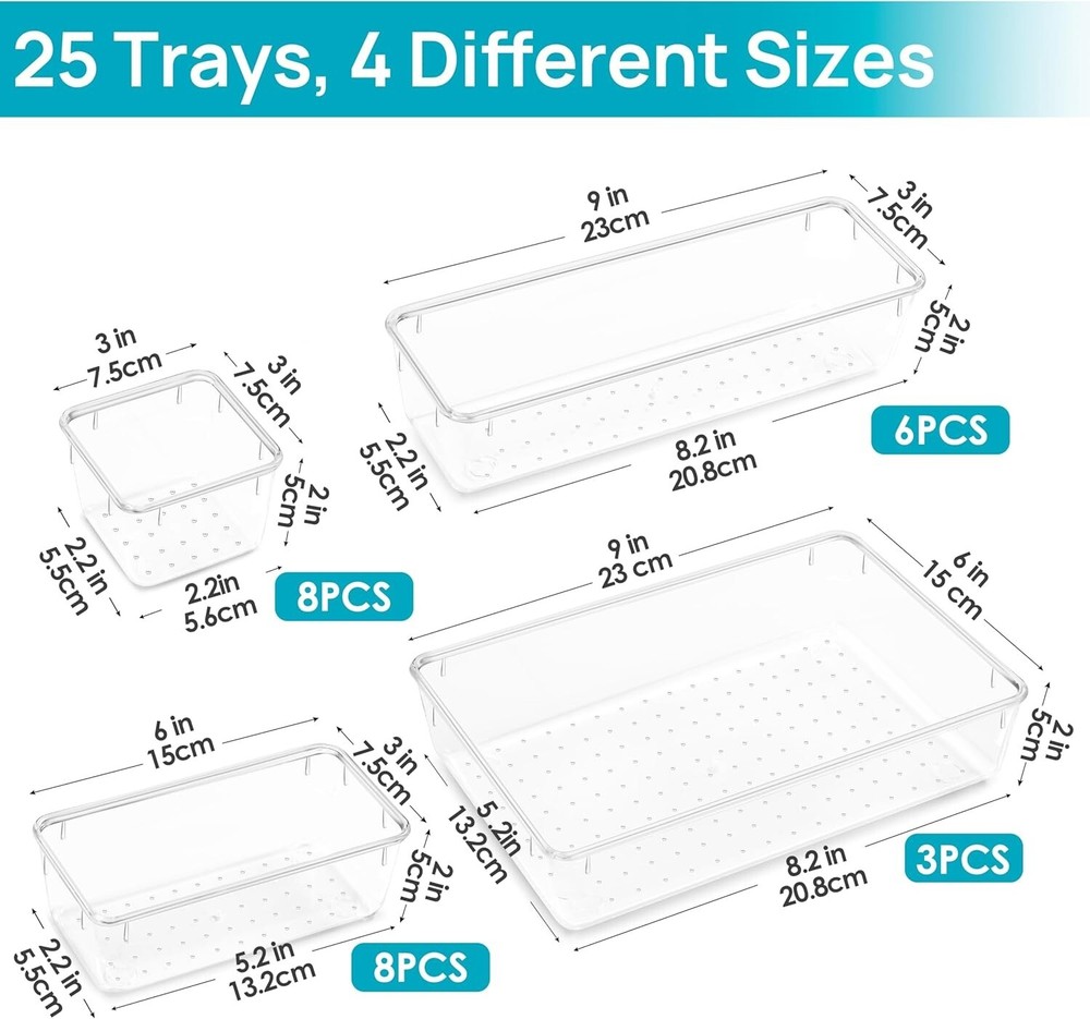 25 PCS Clear Plastic Drawer Organizers Set - Versatile & Stackable Storage