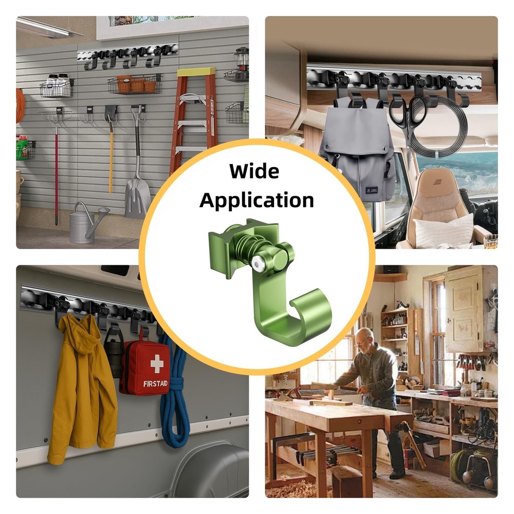 4 Pack L Track Hooks with Single Stud Fitting, Spring-Loaded Adjustable Green