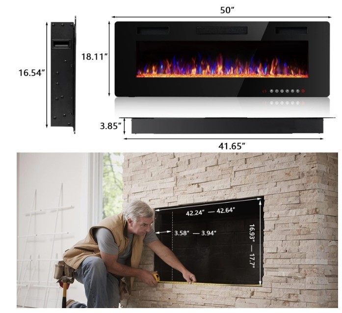 Chimenea Electrica De Calentador Empotrado Pared Remoto Ultrafino 12 Colores 50"