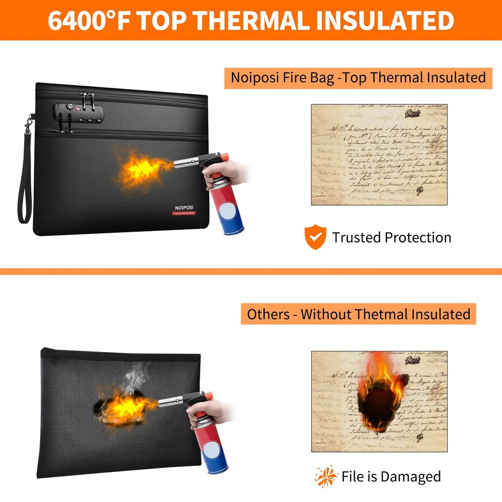 6400℉ Fireproof Money Bag with Lock,Dual-Zip Compartments Fireproof Document ...