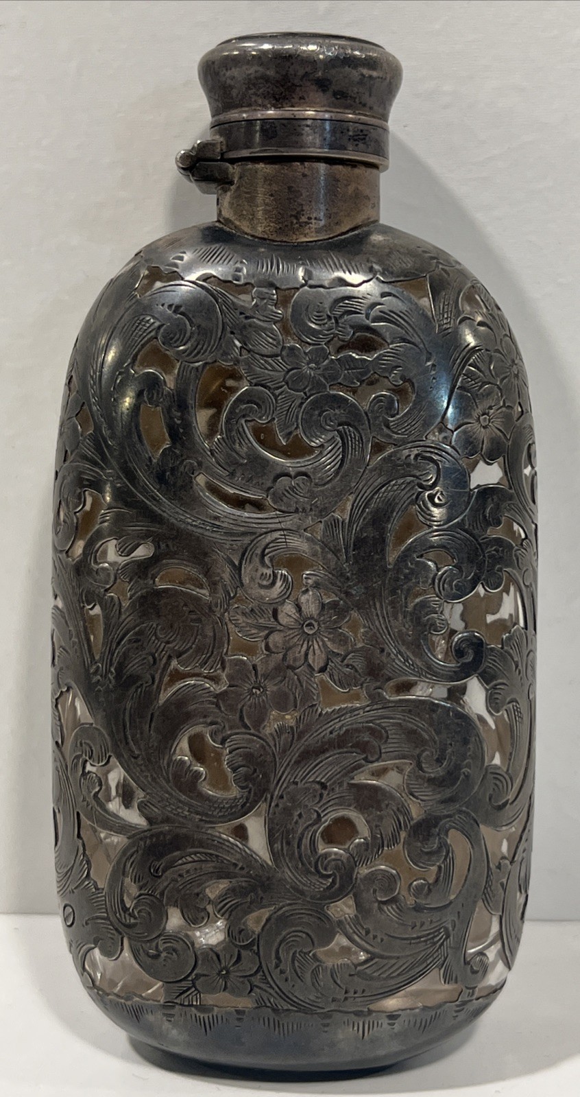 Antique Gorham .925 Sterling Silver Over Glass Overlay Flask Unmolested