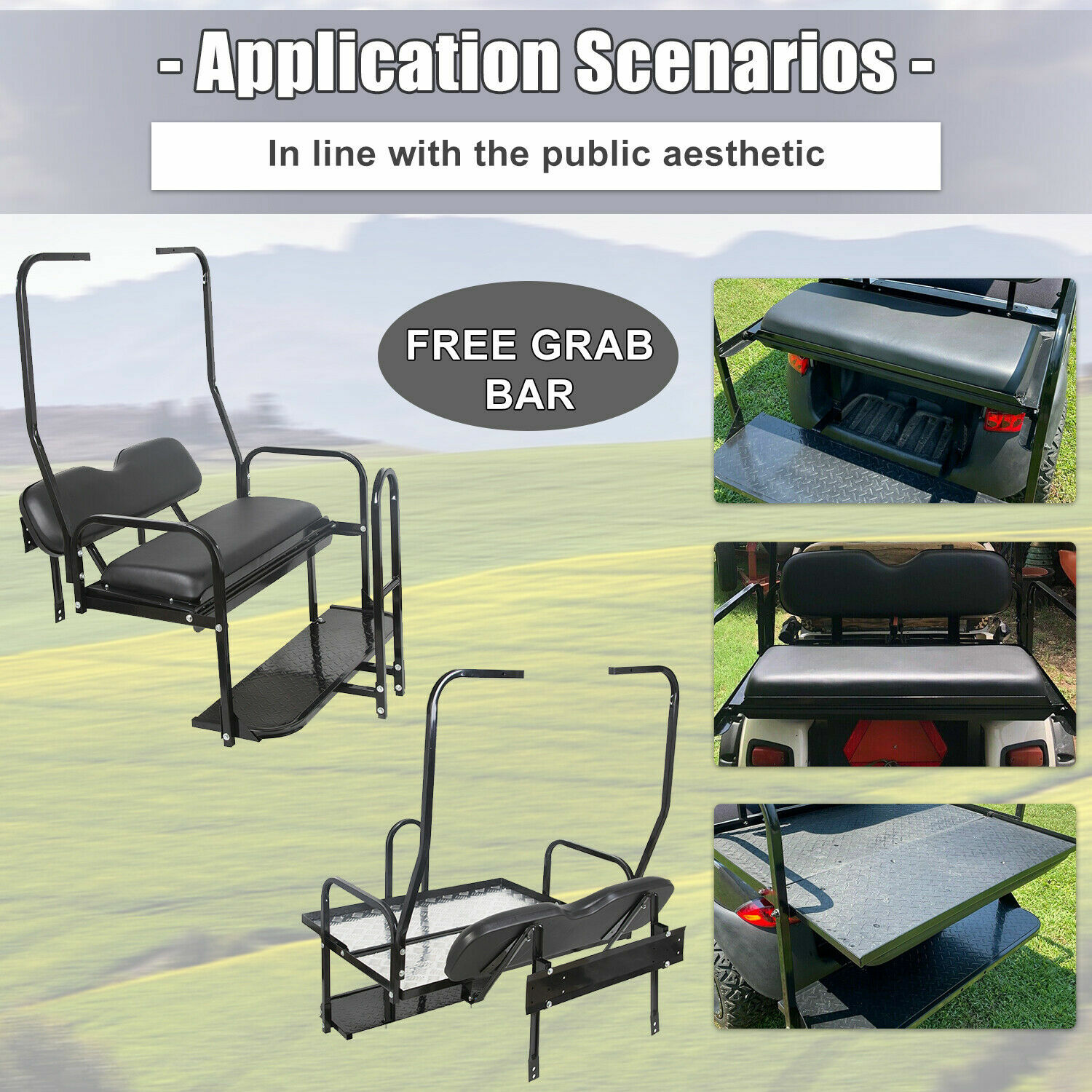 For 1982-2000 Club Car DS Golf Cart Flip Folding Rear Seat Kit w/ Grab Bar