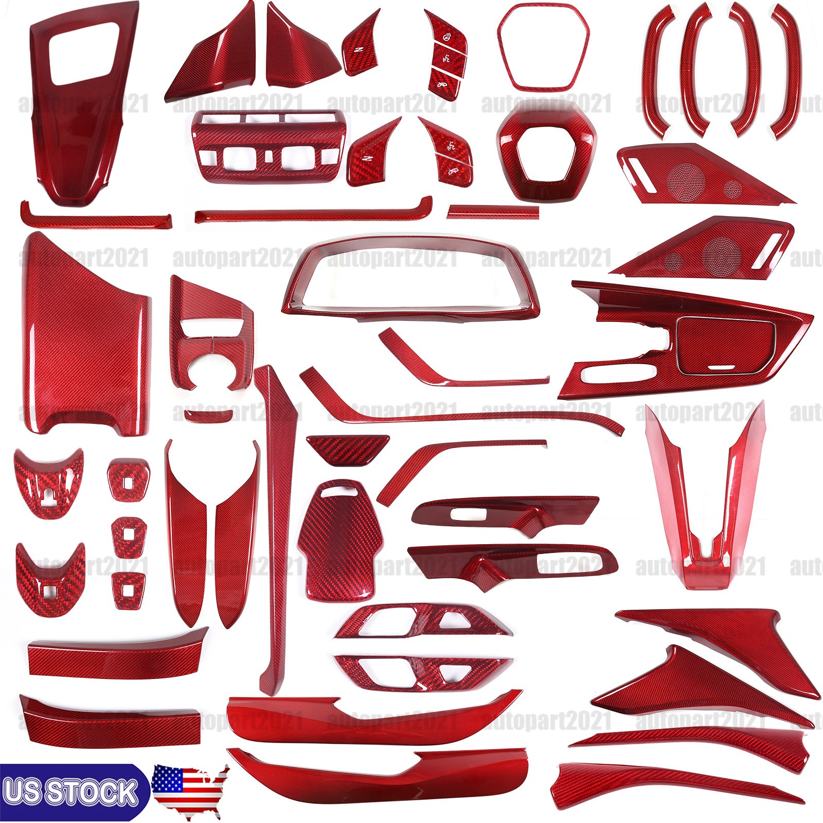 Red Real Carbon Fiber Interior Set Decor Cover Trim Kit for Corvette C8 20-26
