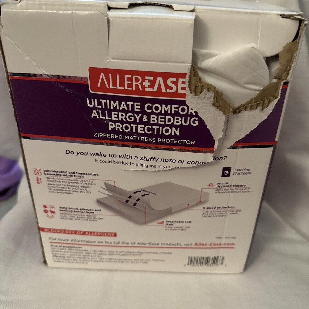ALLEREASE ZIPPERED MATTRESS PROTECTOR KING SIZE WHITE WATERPROOF ANTIMICROBIAL