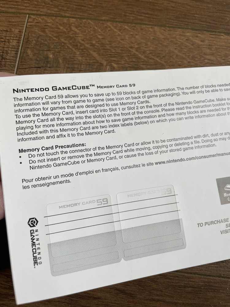 Nintendo Gamecube Console System Memory Card 59 Sticker Label Insert ONLY