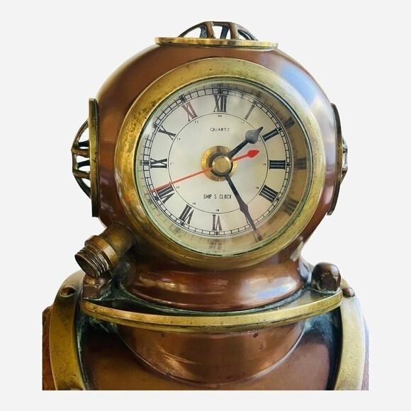 Antique Brass Copper Diving Helmet Maritime Quartz Clock Solid Wood Decor