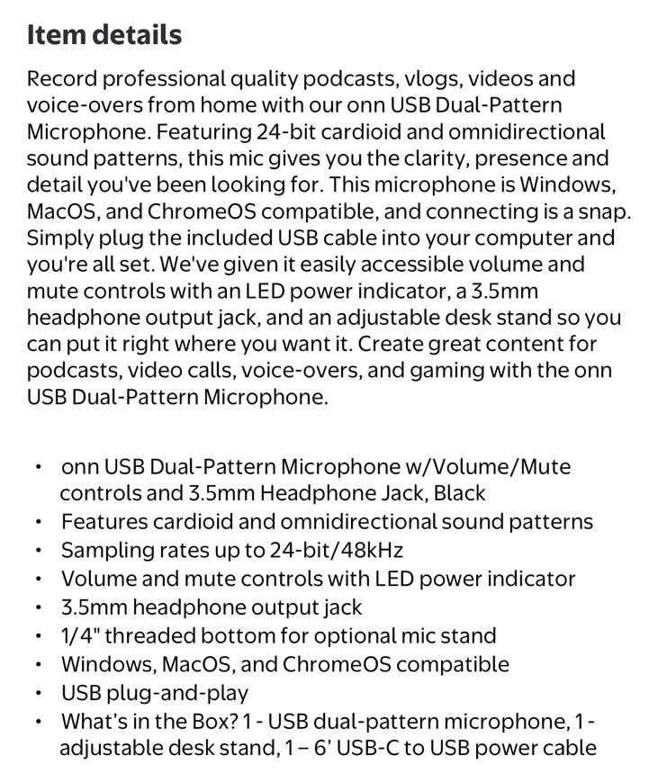 onn USB Dual-Pattern Podcasting Microphone, Mute Button, Adjustable Stand, Black