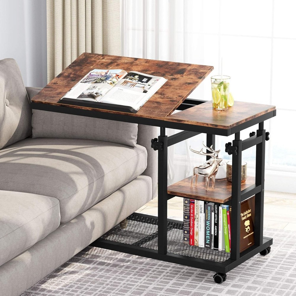 Height Adjustable C Table W/ Wheels Mobile Couch Snack Side Table W/ Tiltable