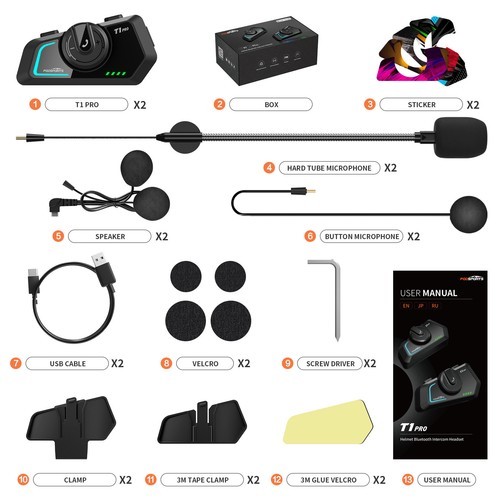 2x T1 Pro Motorcycle Bluetooth Headset Bluetooth for 6 Riders Group 2000m