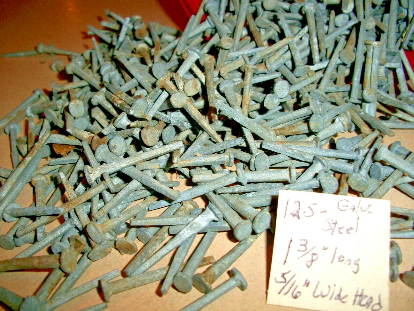 125--ORIG. ANTIQUE, 1 3/8" LONG SQUARE, GALV. STEEL NAILS, BARN FIND ! N.O.S. #2