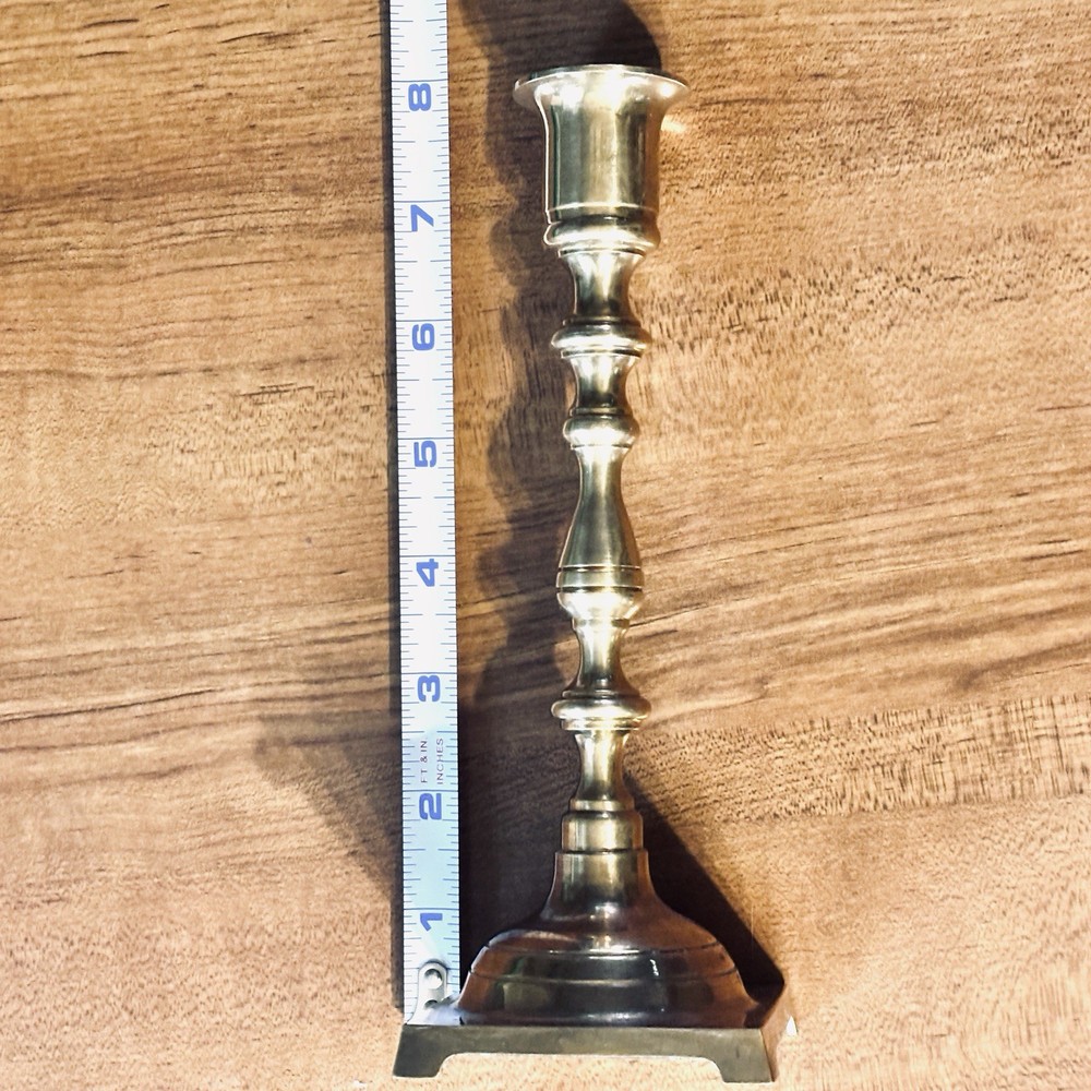 Vintage Pair 8" Solid Brass Candlesticks Square Base Made in Hong Kong