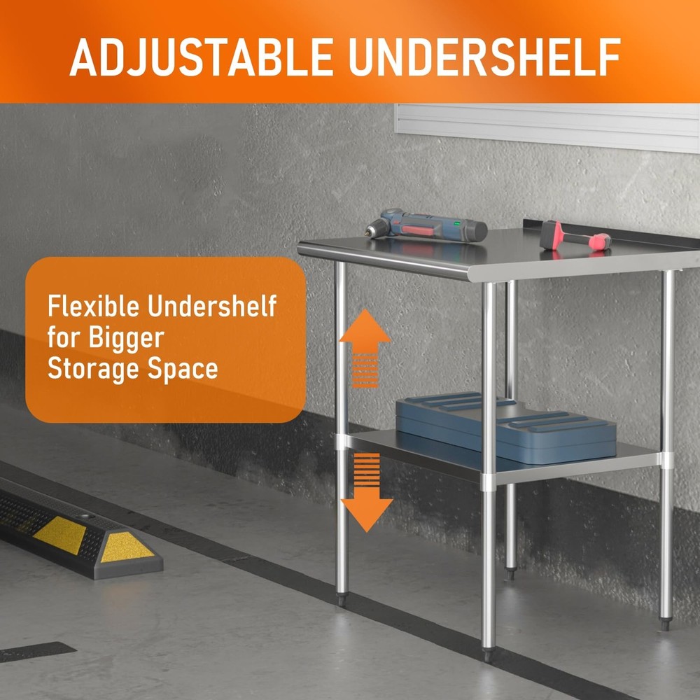 Stainless Steel Table for Prep & Work 30" X 30" inches with Adjustable Unders...