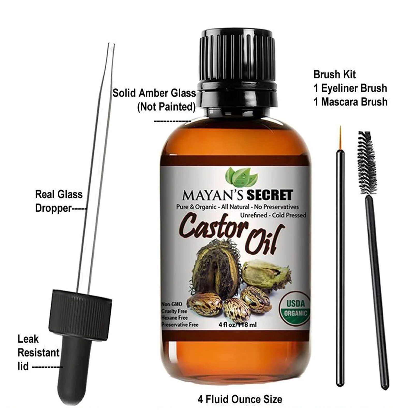 Mayan's Secret - Castor Oil Organic Cold Pressed Unrefined Glass Bottle