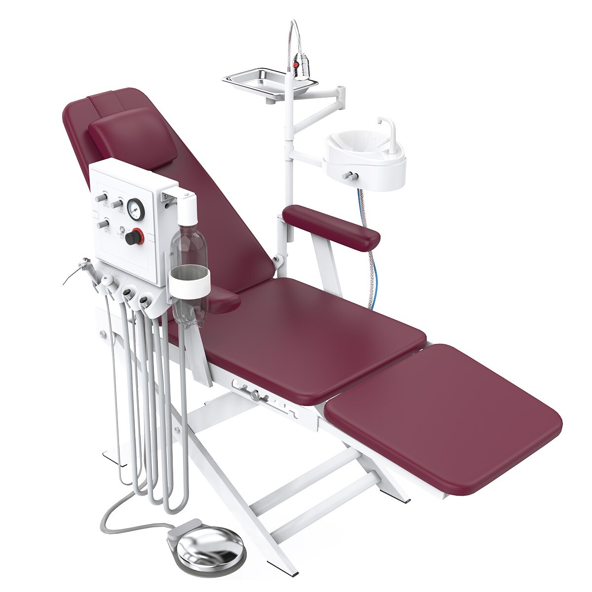 Portable Dental Folding Chair+LED Light+Air Turbine Unit+Weak Suction Burgundy