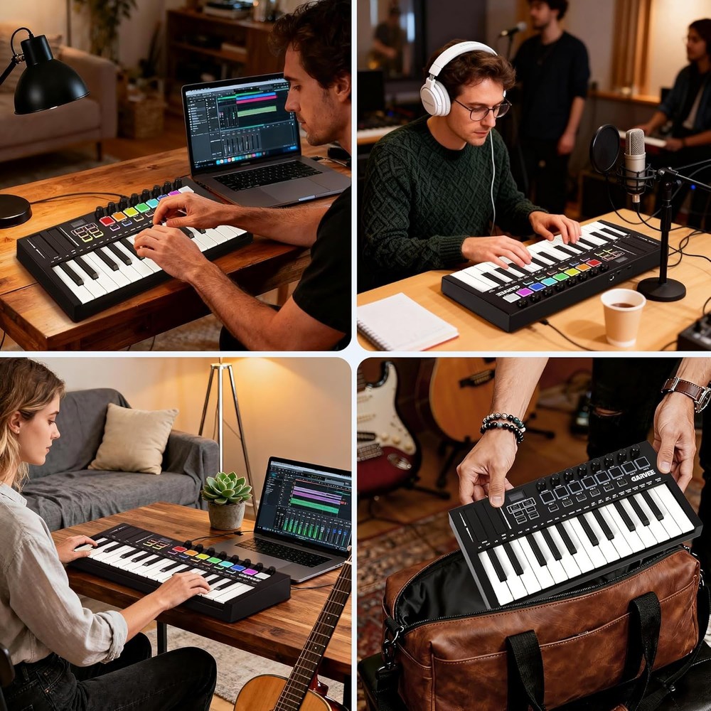 25-Key Half-Weight MIDI Keyboard with 8 Backlit Drum Pads & 8 Knobs, Bluetooth