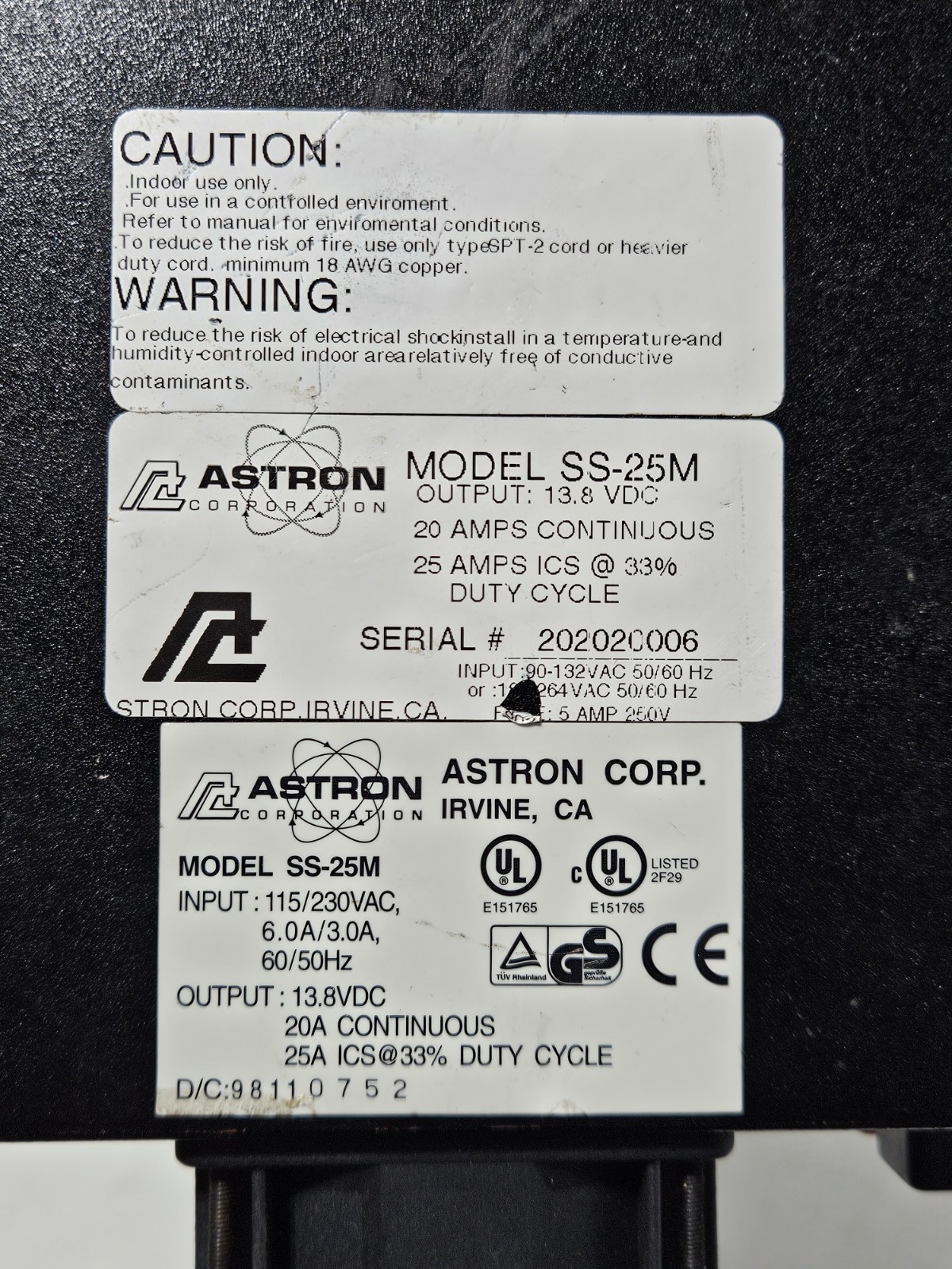 ASTRON SS25M SWITCHING POWER SUPPLY UNTESTED