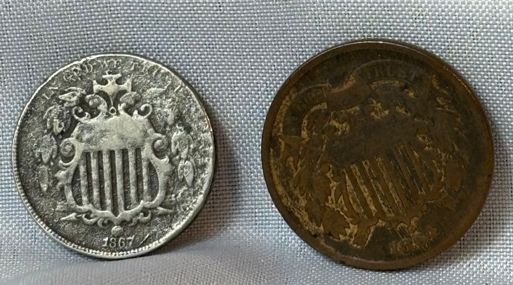 1864 2 Cent Piece & 1867 Shield Nickel