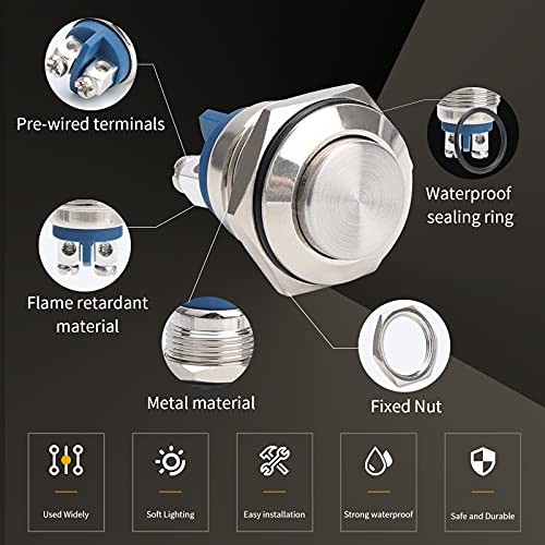 5pcs 16mm Momentary Push Button Switch Sliver Shell, IP65 16mm Silver Shell