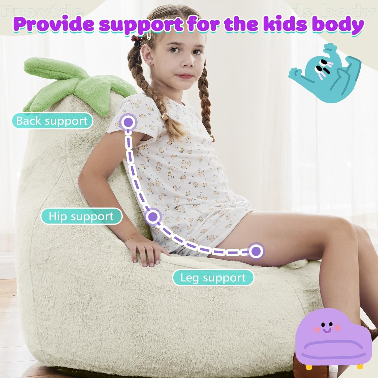 Kids Bean Bag Chair Stuffed Toddler Couch w/ Faux Rabbit Fur Cover for Teens Kid