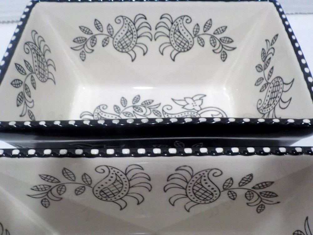 Lot 2 BAUM Small Rectangular LOAF Bakeware Dish Black White PAISLEY 6.5x4x3 *EUC