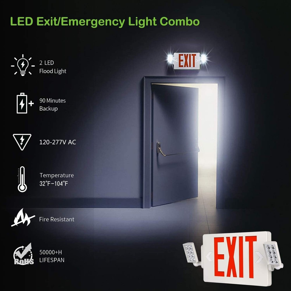 4 Pack LED Exit Sign Emergency Combo Light with Adjustable Two Head Battery UL