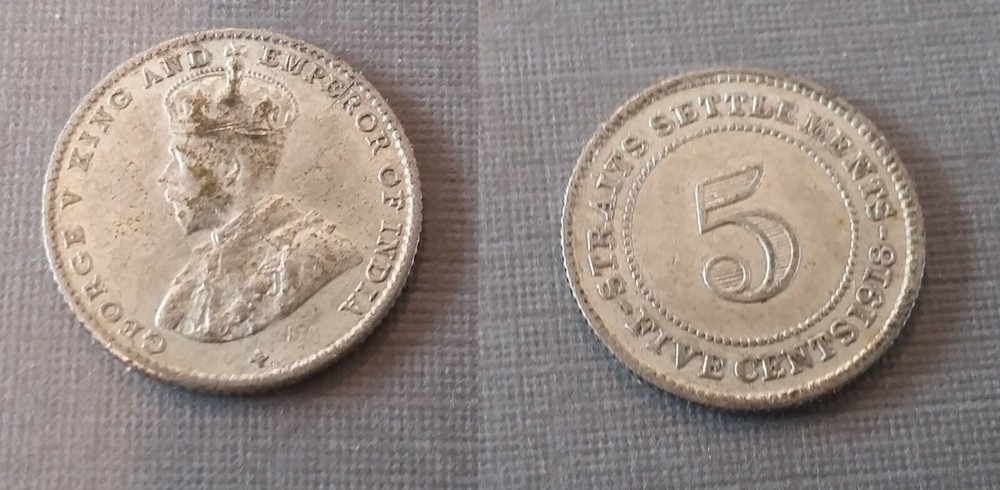 1918 Straits Settlements Silver 5 Cent-scarce,nice #2