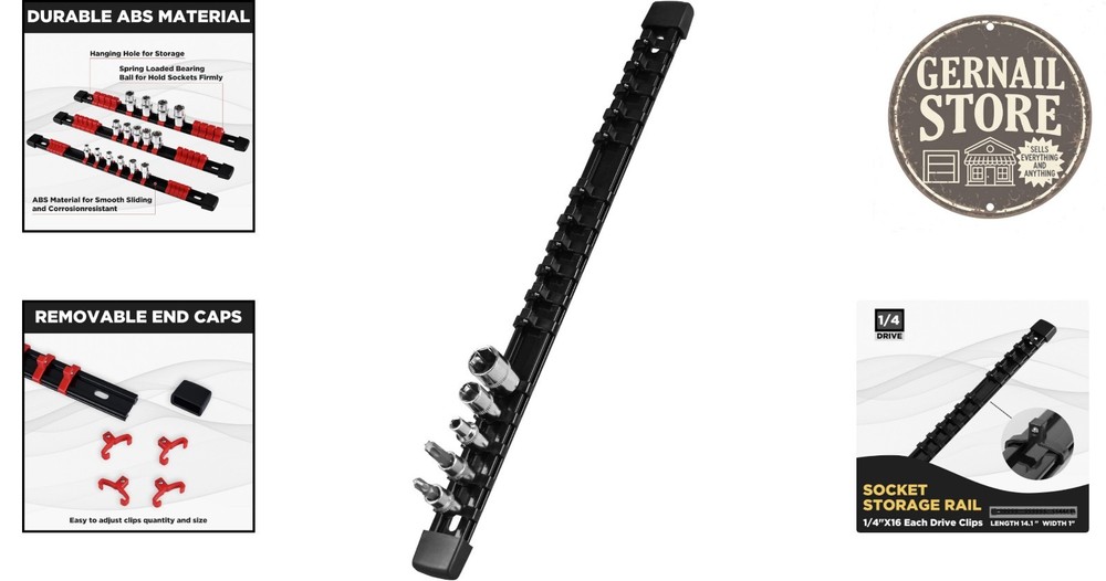 Compact Black Socket Rail Kit - 16 Clips Included for Maximum Tool Organization