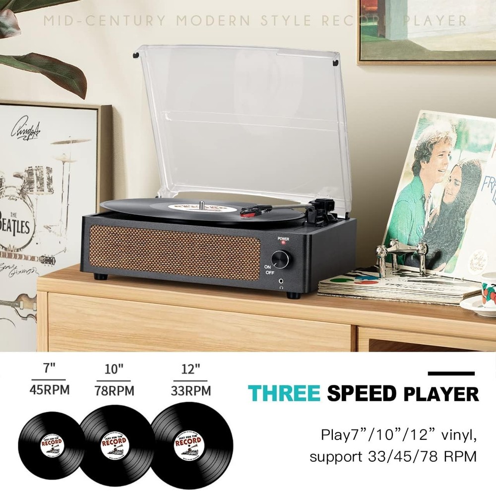 WOCKODER Record Player Bluetooth Turntable 3 Speed Built-in Speakers
