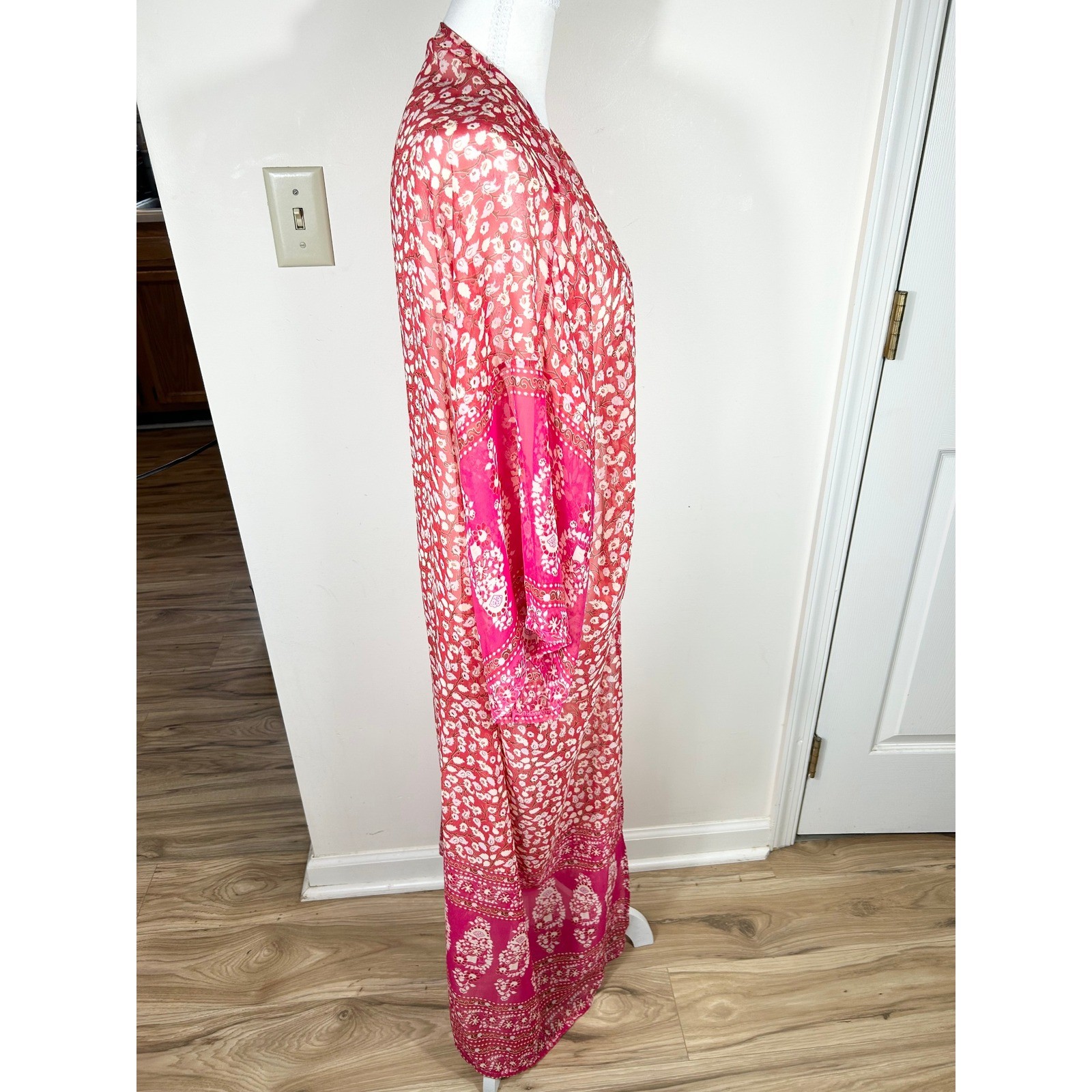 Pink Floral Long Duster Kimono Open Front Beach Cover Up OS BOHO Semi Sheer