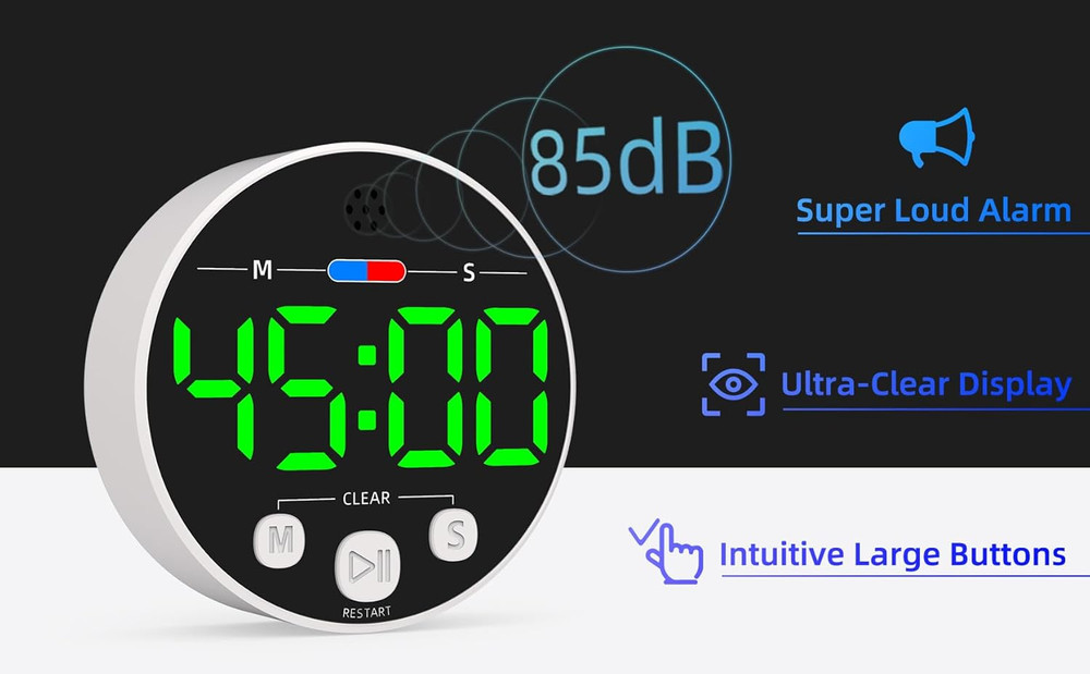 Large LED Digital Timer, Countdown Loud Timer for Kitchen Cooking, Classroom Wh