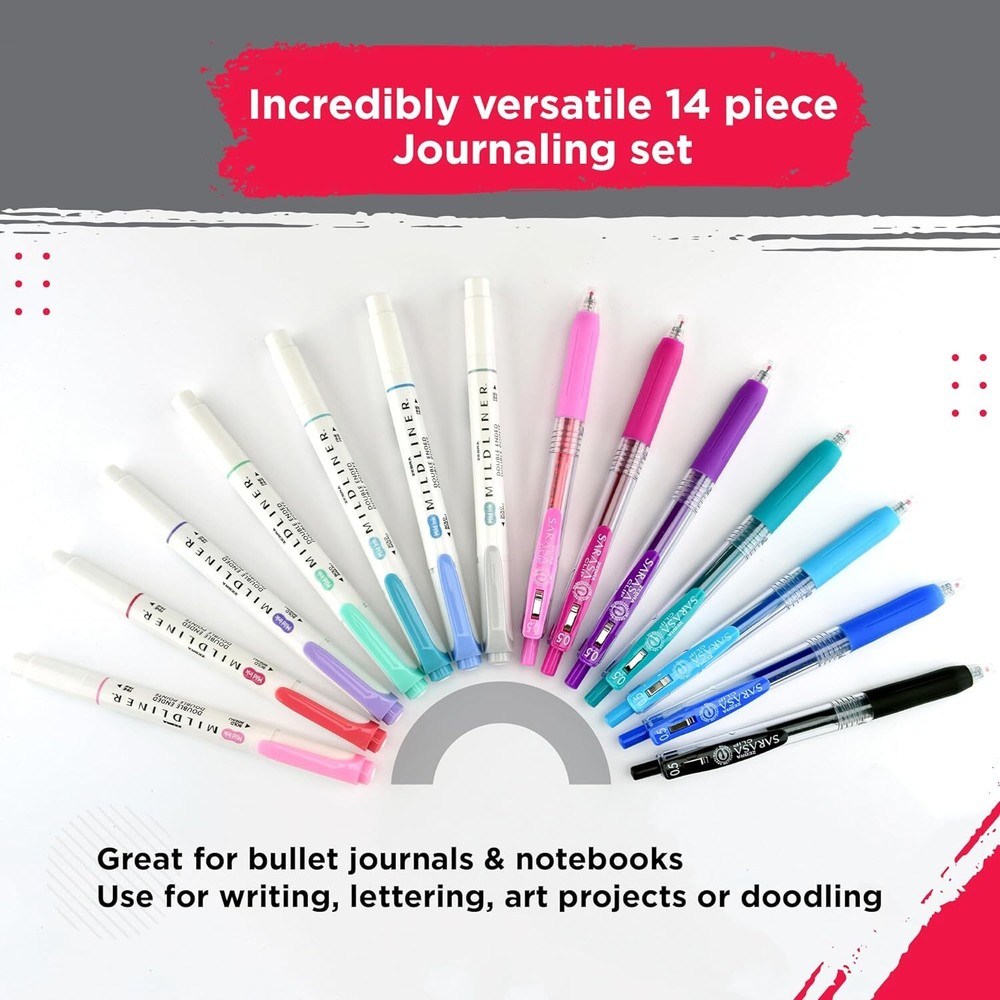 Zebra Journaling Set Gel Ink Pens, Assorted Colors, 14 Pack
