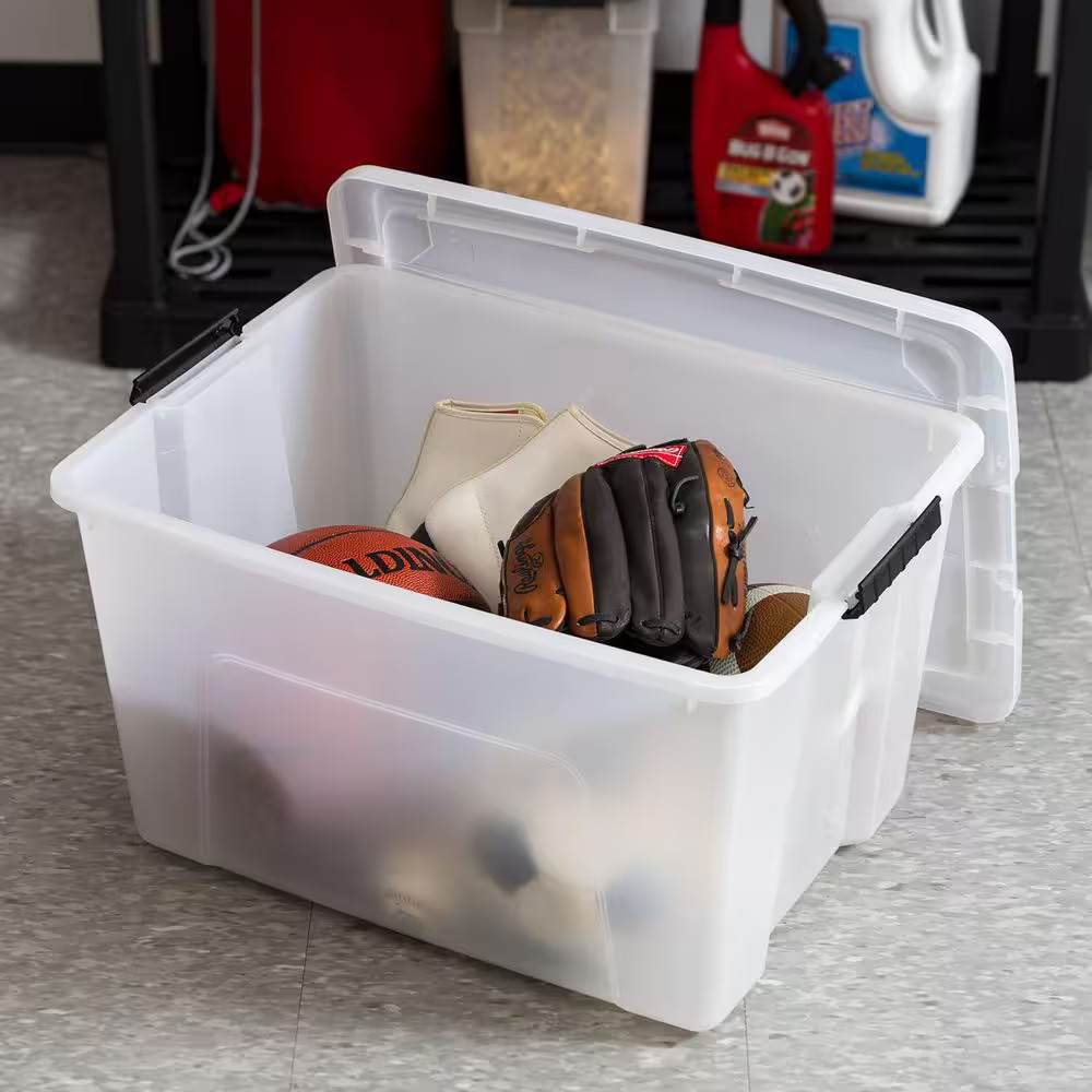 53 Qt./13.25 Gal. Stackable Nesting Storage Tote with Black Latching Clips, Whit