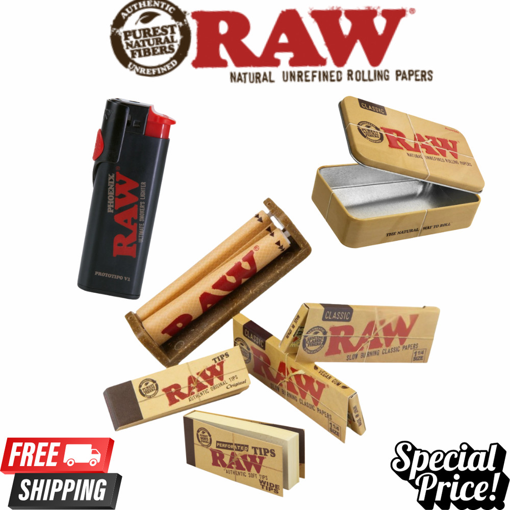 RAW Classic 1 1/4 Rolling Papers 79mm Roller Machine Tips Tin Lighter Kit Set