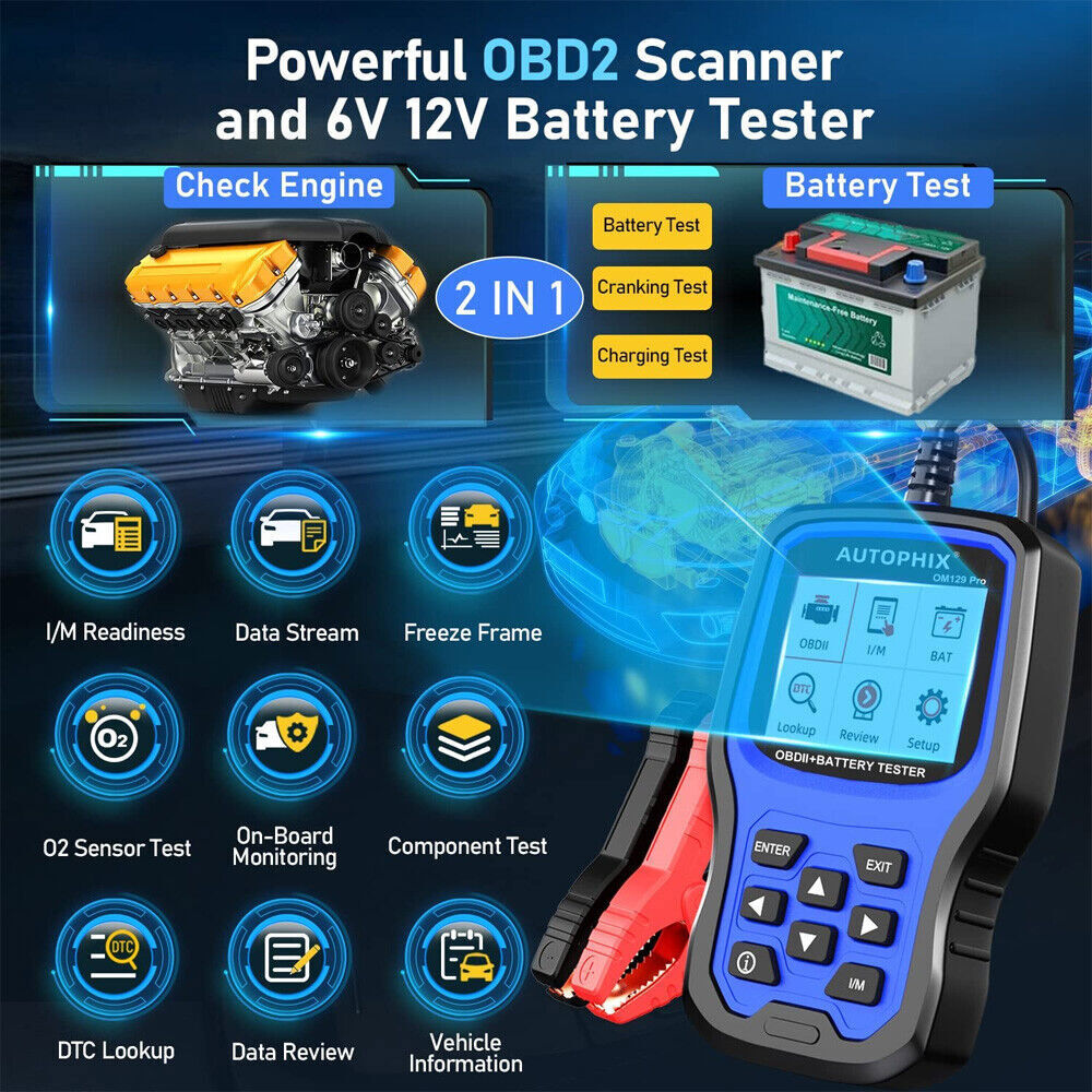 OBD2 Scanner 12V Car Battery Tester Check Engine Fault Code Reader I/M Readiness