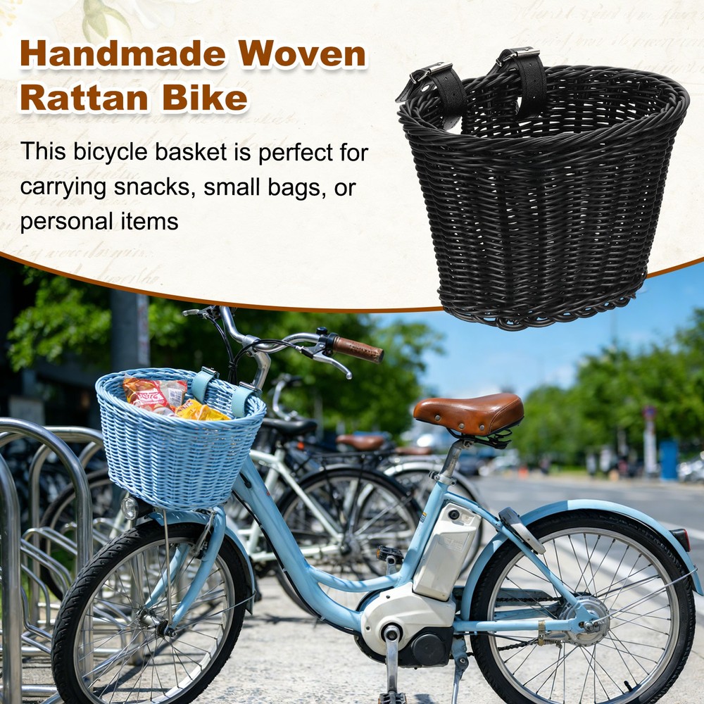 Handwoven Wicker Rainbow Bicycle Basket with Adjustable, Black