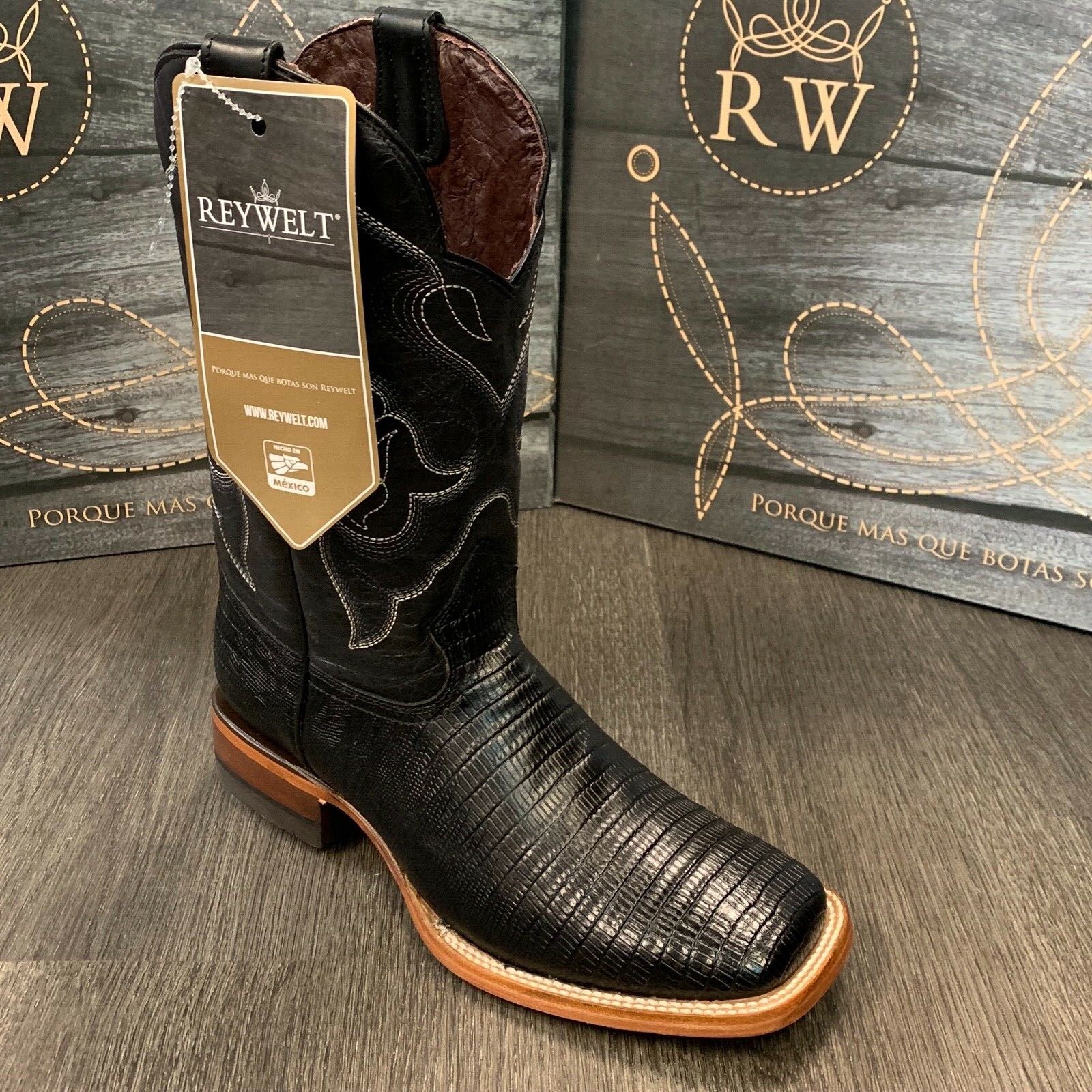 MEN'S RODEO COWBOY BOOTS LIZARD PRINT LEATHER WESTERN SQUARE TOE BLACK BOTAS