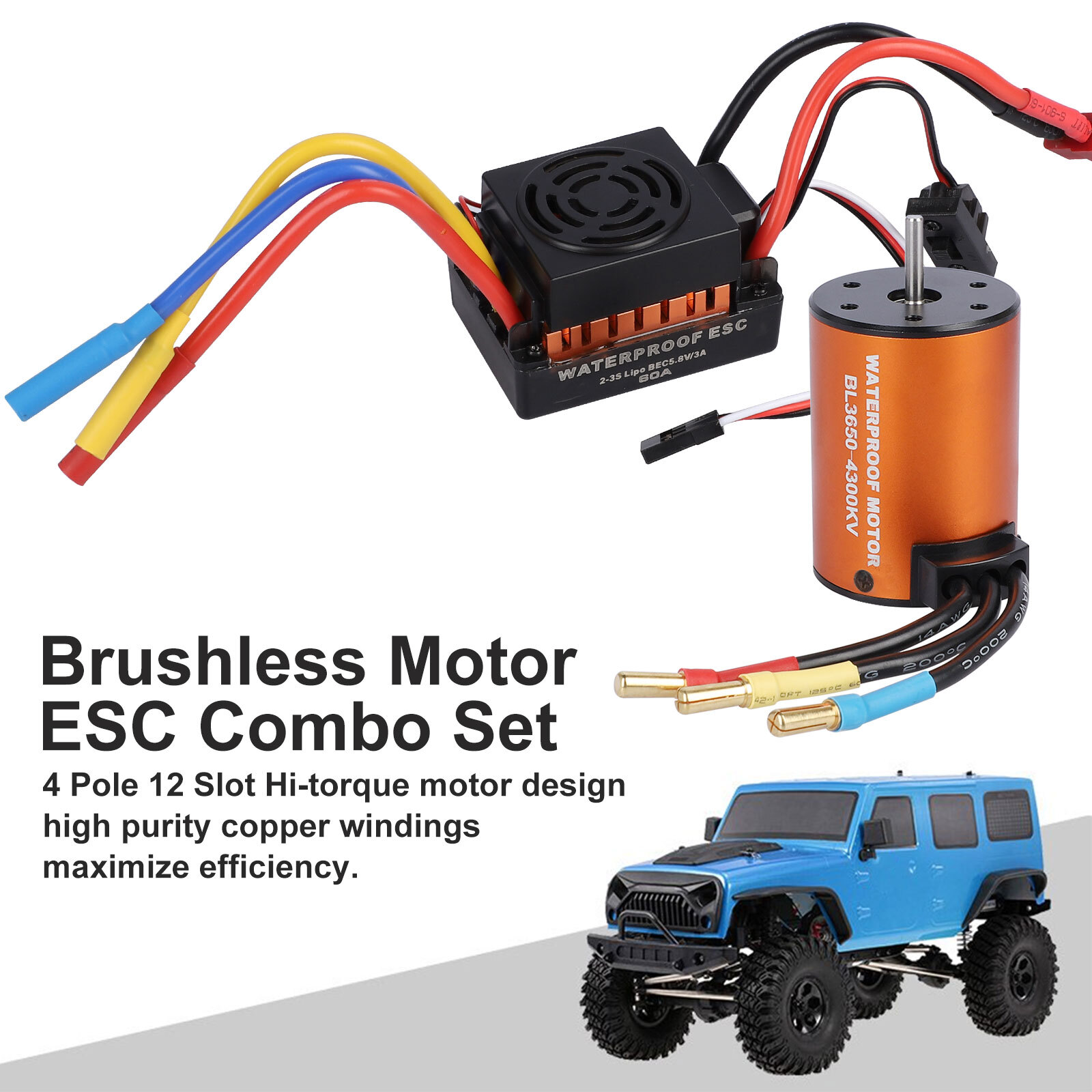 Brushless Motor Waterproof 3650 4300KV Upgrade w/ 60A ESC Combo for 1:10 RC Car