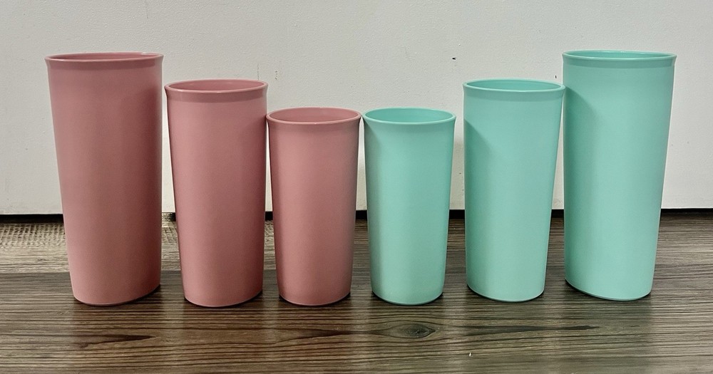 6 Vntg Retro Teal Pink Tupperware Cups Multiple Sizes Pastel Kitchen Cups Drinks