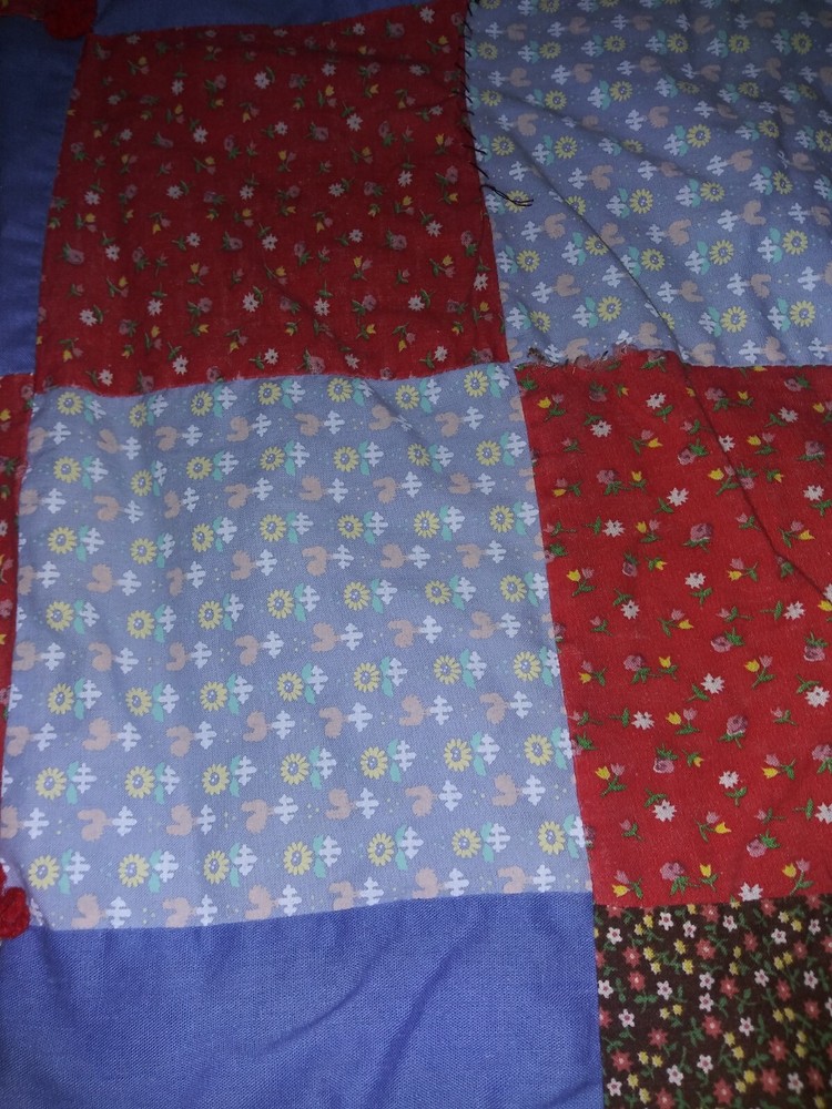 Handmade Tied Light Patchwork Quilt Floral & Solid Squares 74" X 52"