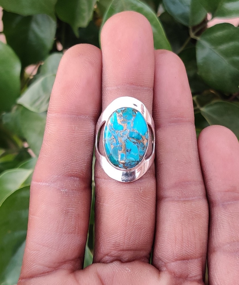 Blue Copper Turquoise Gemstone Ring Solid 925 Sterling Silver All Size Ring MK*
