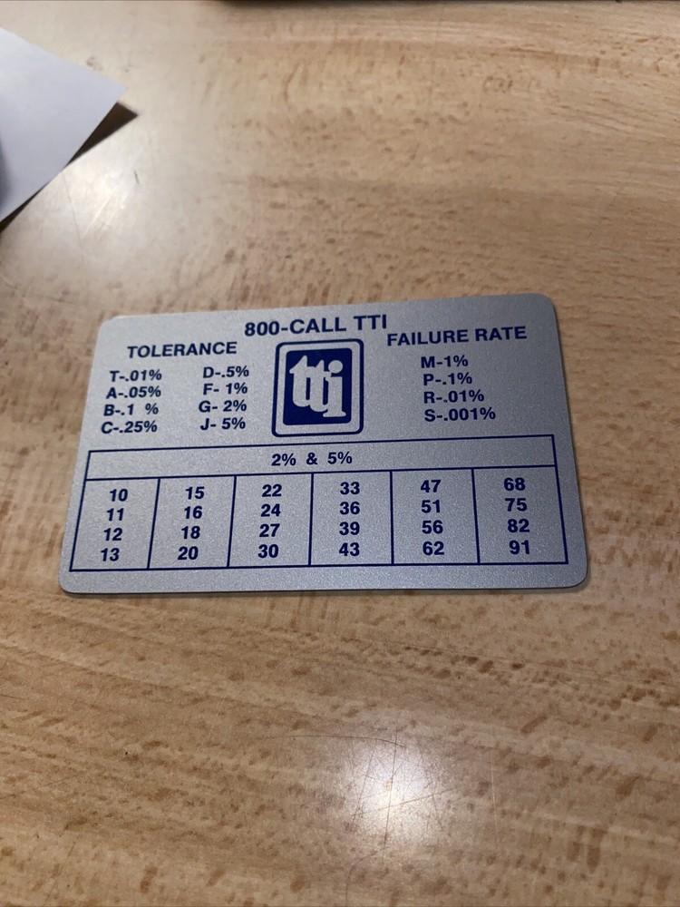 TTI Tolerance/Failure Chart Card. 2” X 3”. NOS