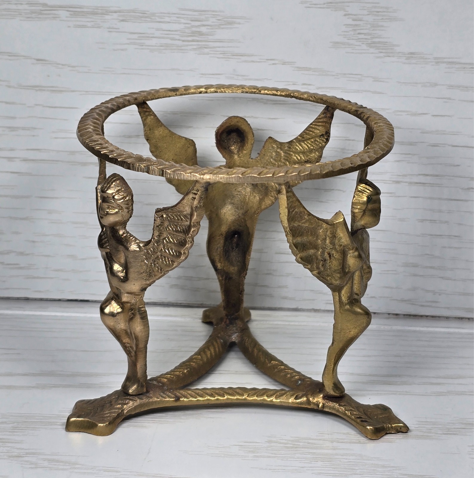 VTG Brass Cherub Angel Plant Stand Vase Holder Figural Putti Art Deco Table Base