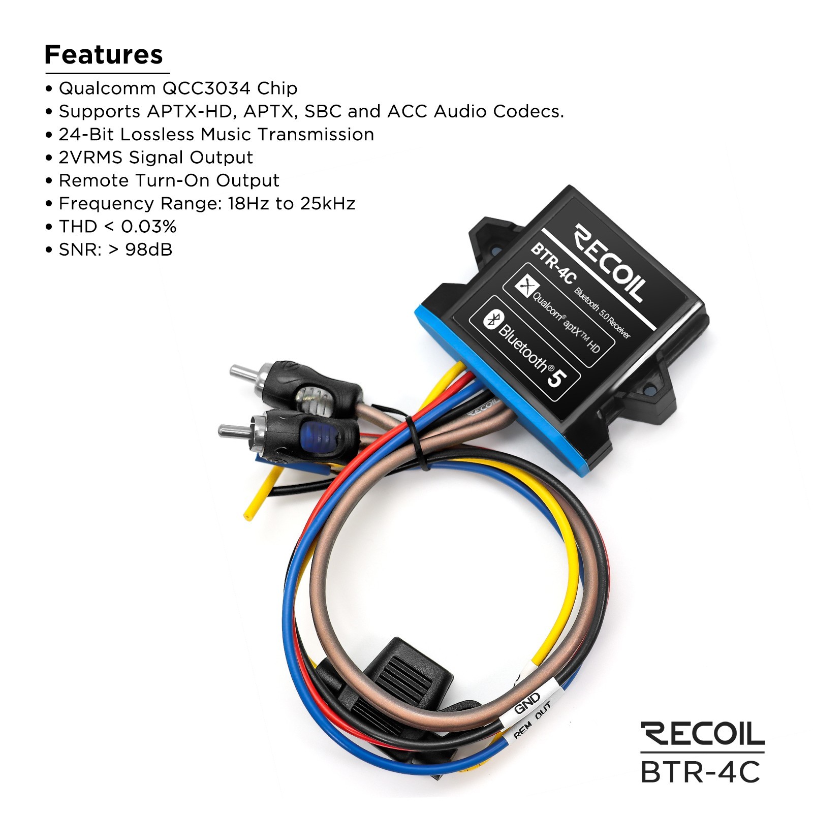 RECOIL BTR-4C Waterproof Bluetooth Receiver Lossless Audio aptX HD, Low Latency