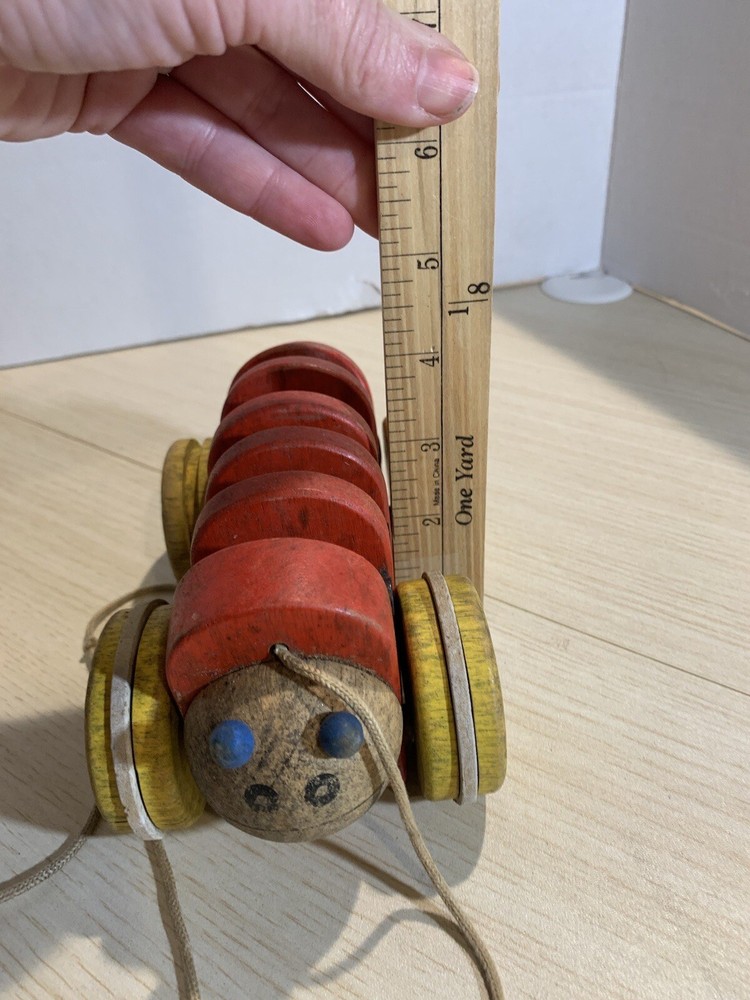 Vintage Inch Worm Pull Toy Solid Painted Wood Action Hand Made 7"