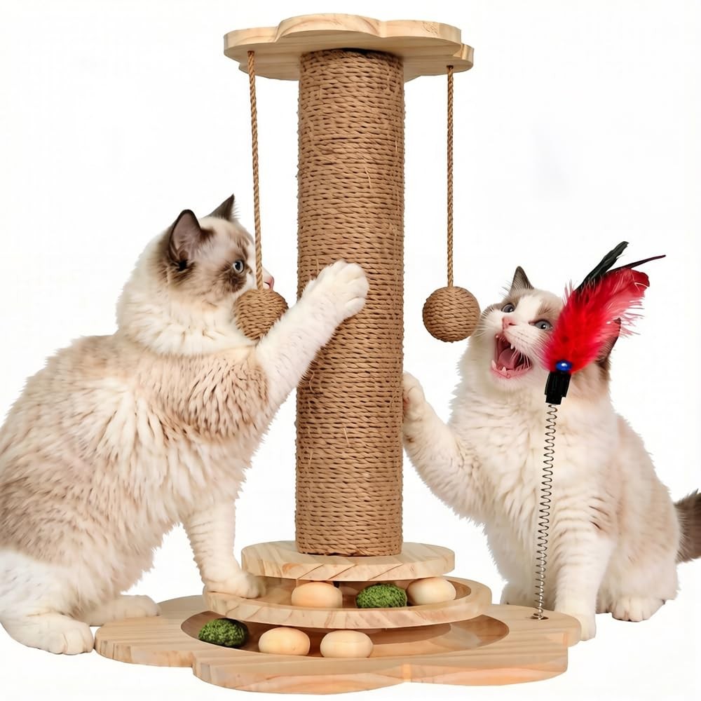Scratching Post - 4 in 1 Cat Scratch Post, Interactive Cute Small Wooden Cat ...