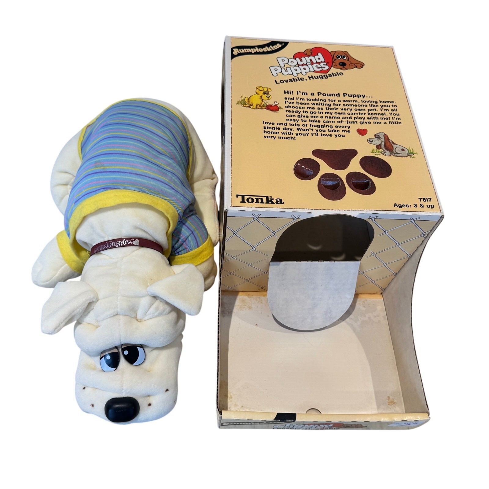 Vintage 1986 Tonka Pound Puppies White Puppy w/ Shirt Collar #7817 In Box Retro