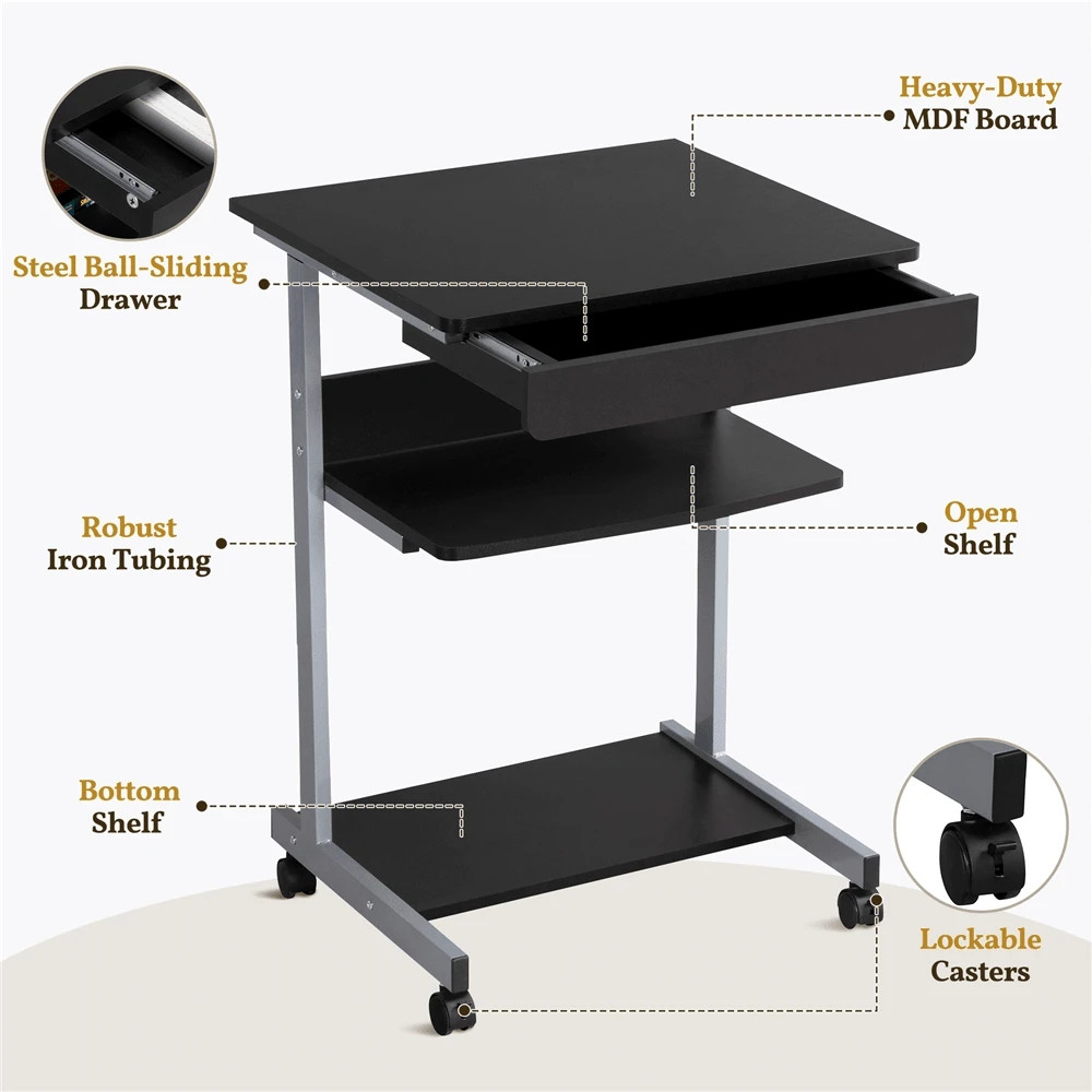 1PC Modern Portable Rolling Computer Desk Table With Drawer For Work Study
