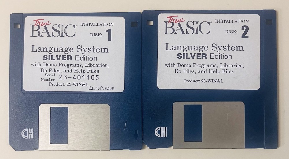 True BASIC Language System Silver Edition (2-Disk 3.5″ Floppy Set) Complete, VTG
