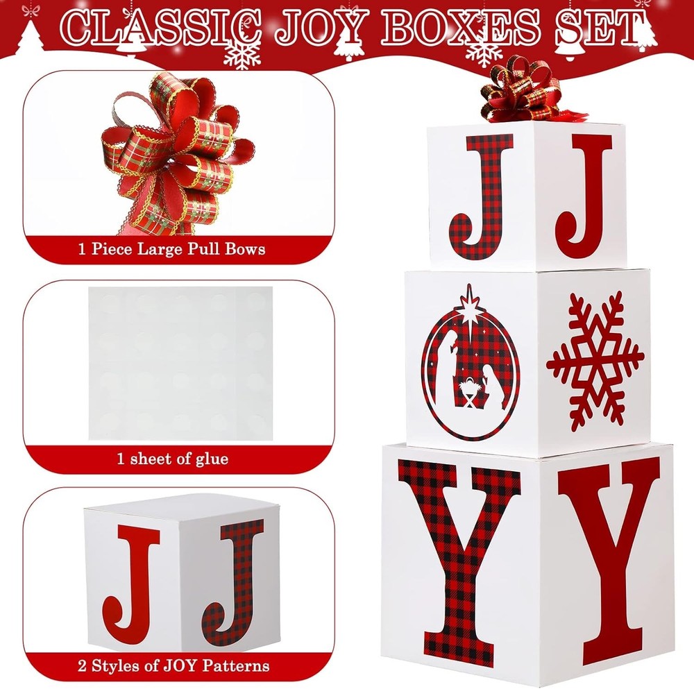 Teling 4 Pcs Merry Christmas Joy Boxes Decorations Christmas Large Stackable