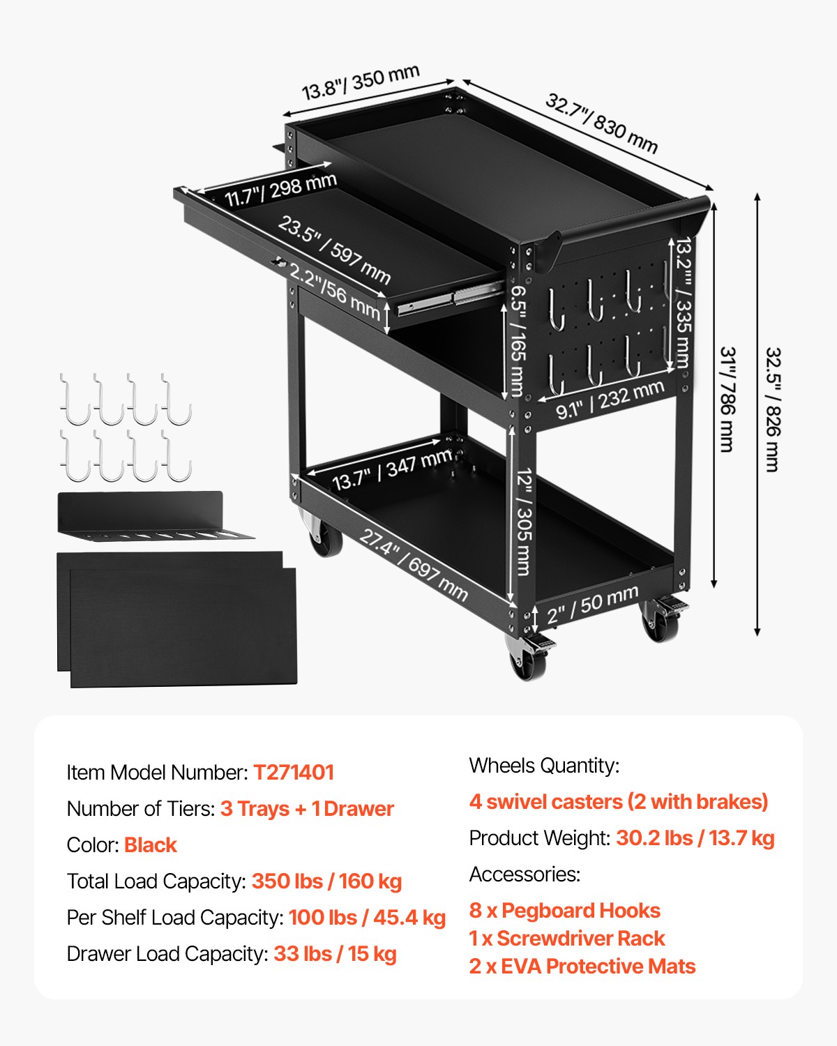 VEVOR 4-Tier Tool Cart on Wheels 350 lb Rolling Work Cart with Drawer & Pegboard